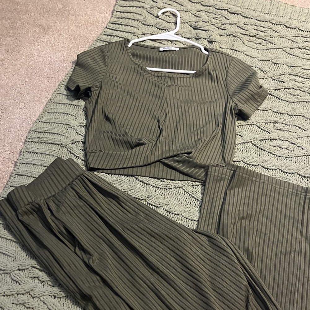2pc Olive Green Striped Women's crop Jumpsuit with wide leg pants